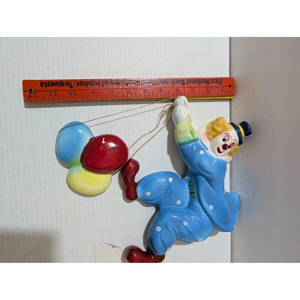 Vintage Ceramic Clown Wall Hanging Blue Polka Dot Suit with Balloons 11 Inch